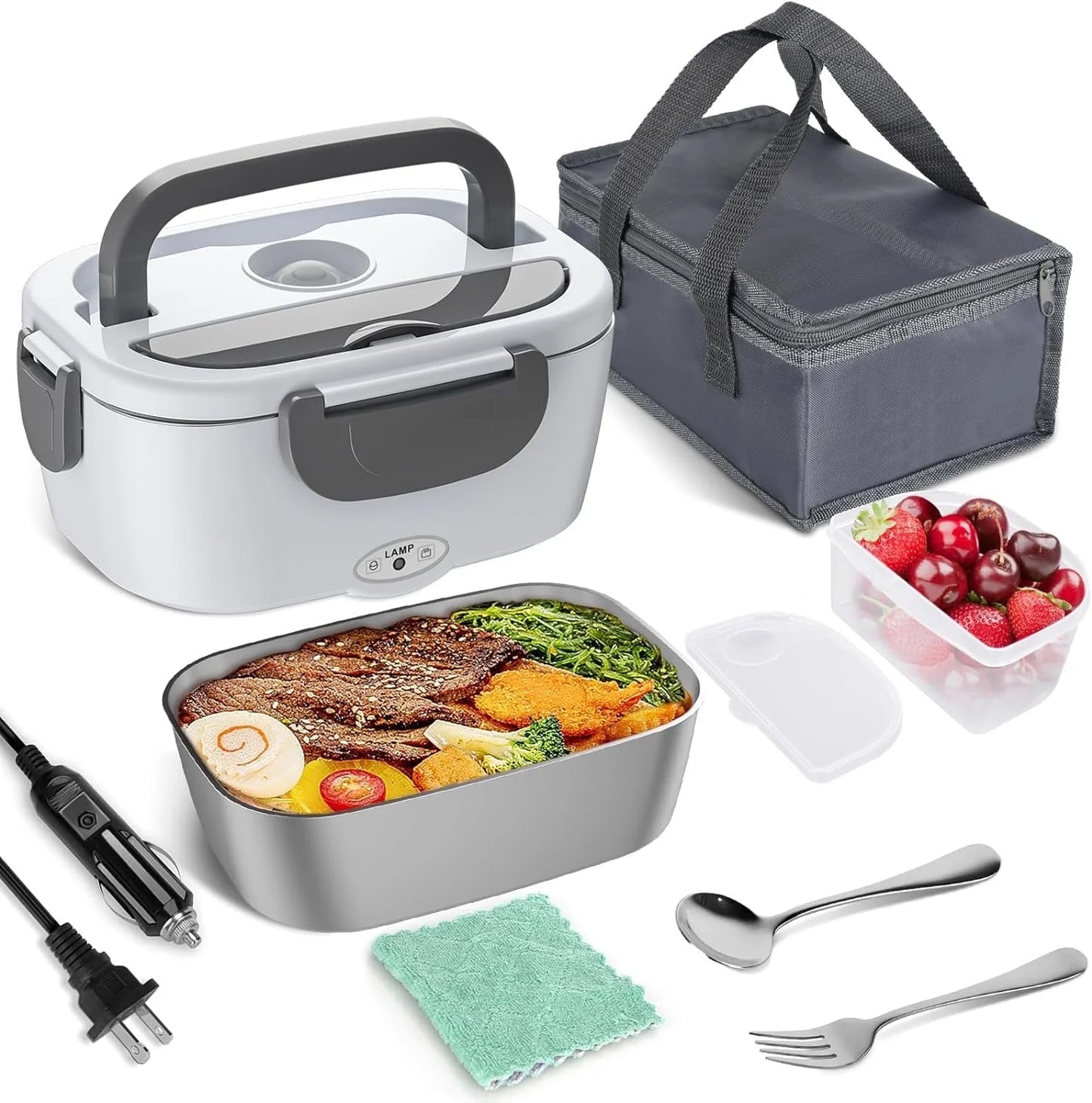 Electric Lunch Box Food Heater, 80W Electric Heating Lunch Boxes for Car/Men/Adults/Home/Work, 1.5L Removable 304 Stainless Steel Container, 110V/12V/24V, with Fork & Spoon