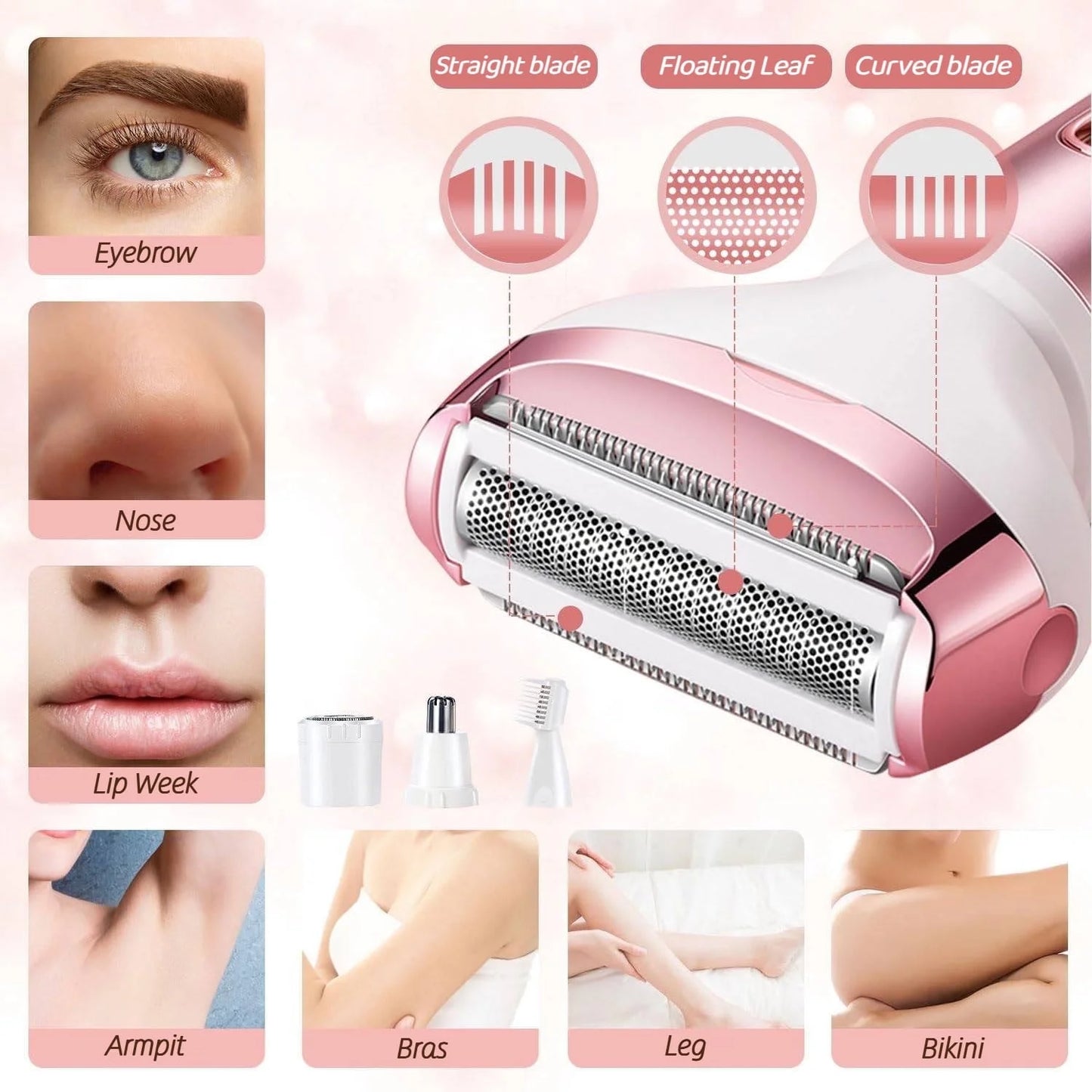 4 in 1 Electric Razor for Women Nose Hair Trimmer for Women Cordless Face Shaver Set Facial Hair Removal for Women Painless Body Hair Remover Lady Grooming Kit for Bikini, Eyebrow, Arm, Leg, Nose