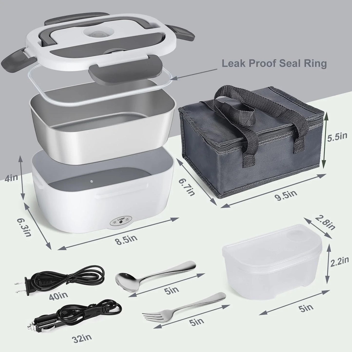 Electric Lunch Box Food Heater, 80W Electric Heating Lunch Boxes for Car/Men/Adults/Home/Work, 1.5L Removable 304 Stainless Steel Container, 110V/12V/24V, with Fork & Spoon