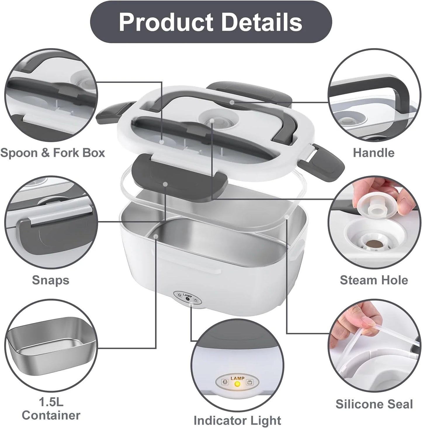 Electric Lunch Box Food Heater, 80W Electric Heating Lunch Boxes for Car/Men/Adults/Home/Work, 1.5L Removable 304 Stainless Steel Container, 110V/12V/24V, with Fork & Spoon