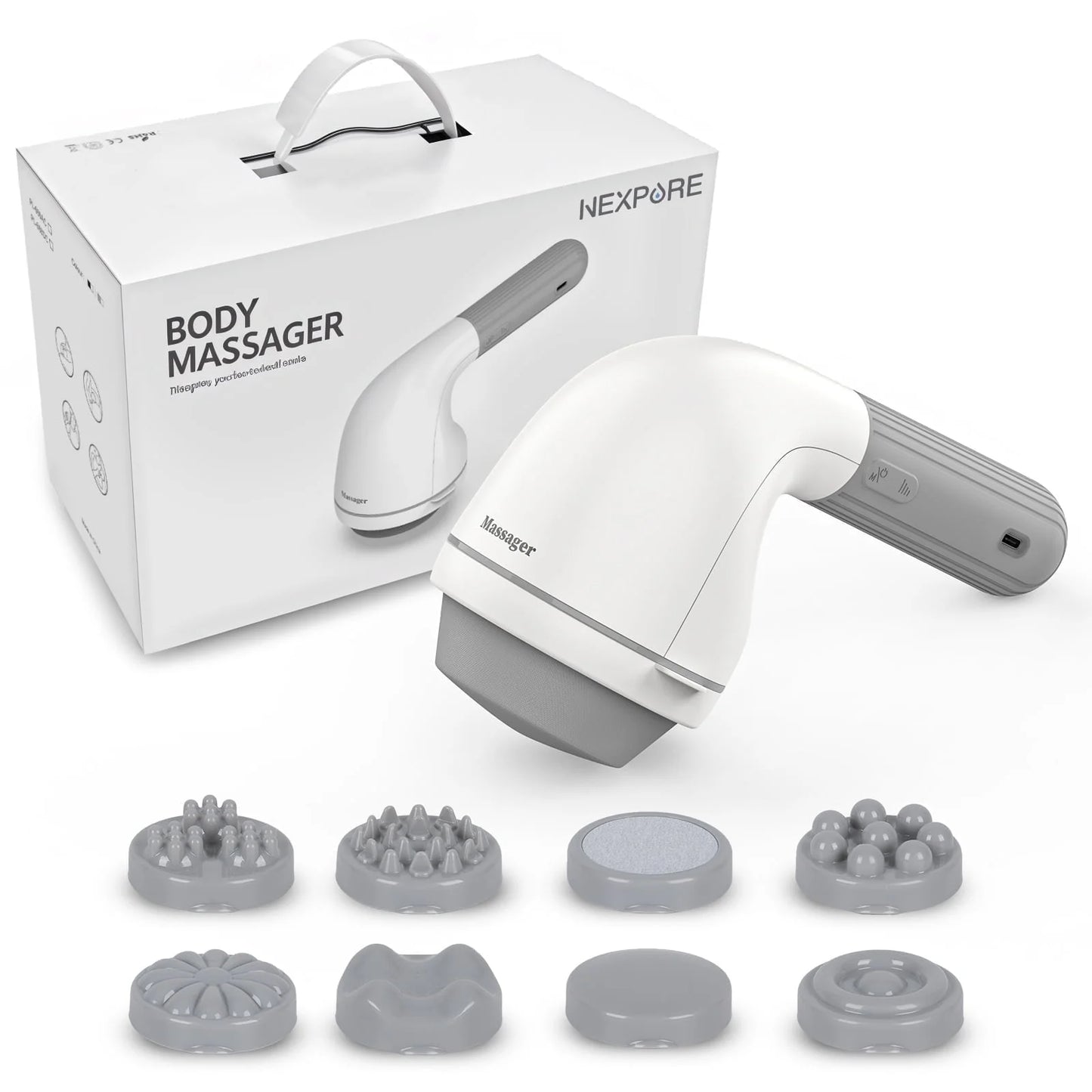 Handheld Neck Back Massager, Shiatsu Percussion Massager for Neck, Back, 8 Massage Heads, 6 Modes for Men & Women, White